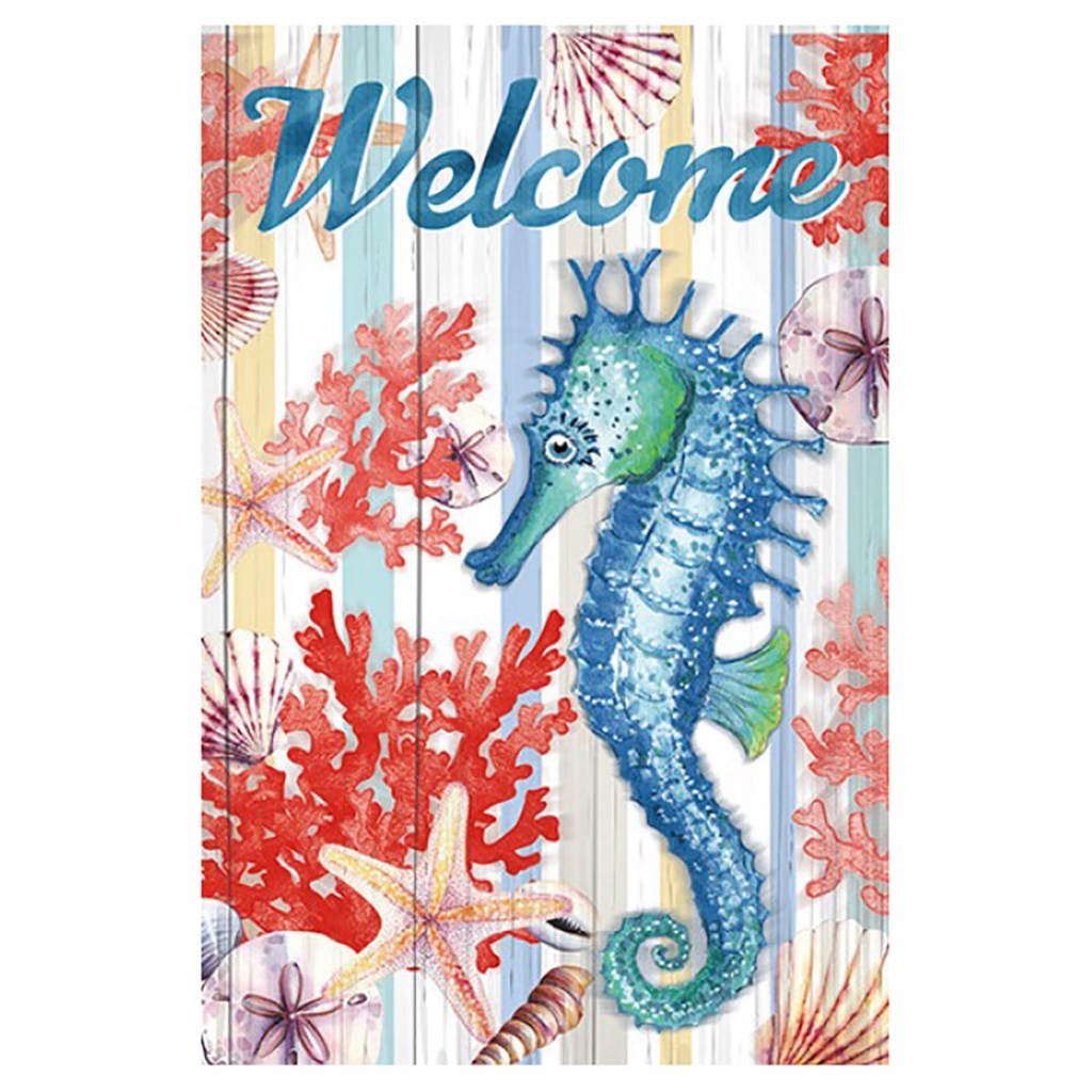 Super Tough Welcome Garden Flag with Seashells, starfish and a blue seahorse
