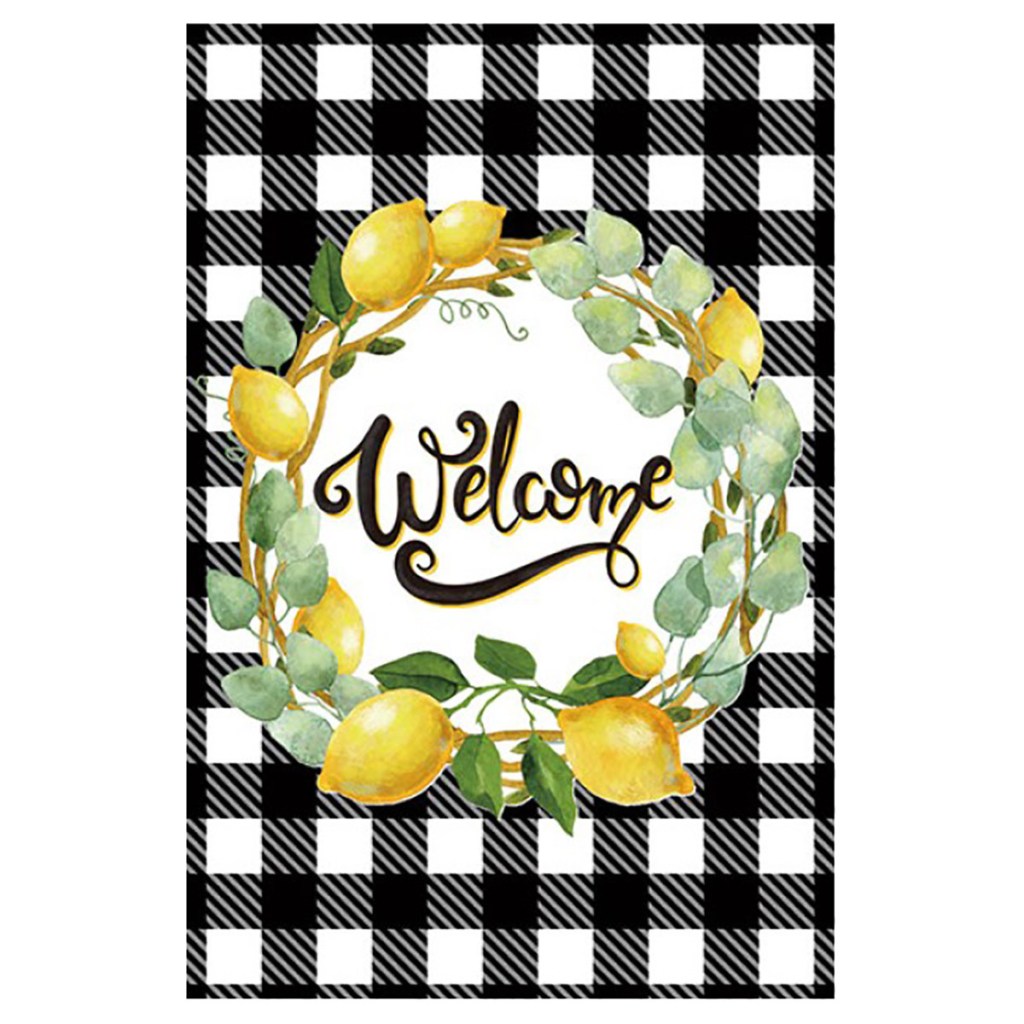 Super Tough Welcome Garden Flag with Black Buffalo Check Pattern and Lemon Wreath